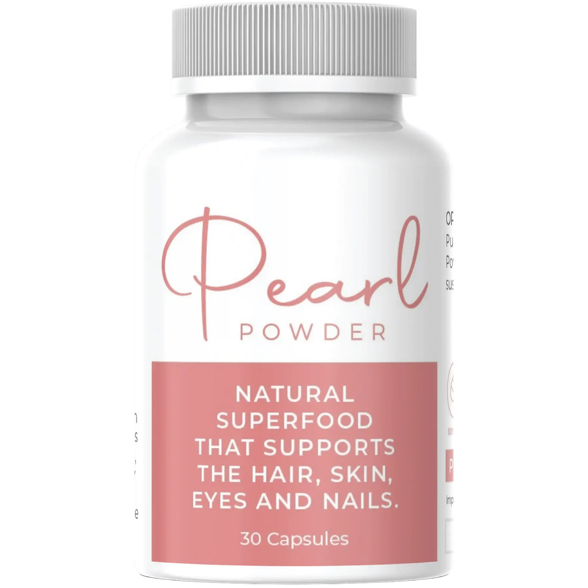 White supplement bottle labeled ‘Pearl Powder’ with a blush pink lotus icon. Description states it’s a natural superfood supporting hair, skin, eyes, and nails. Contains 30 capsules.