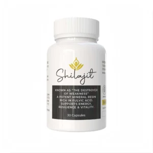 Sacred Shilajit South Africa supplement bottle – potent Himalayan mineral resin rich in fulvic acid, supports energy, resilience, and vitality – 30 capsules.