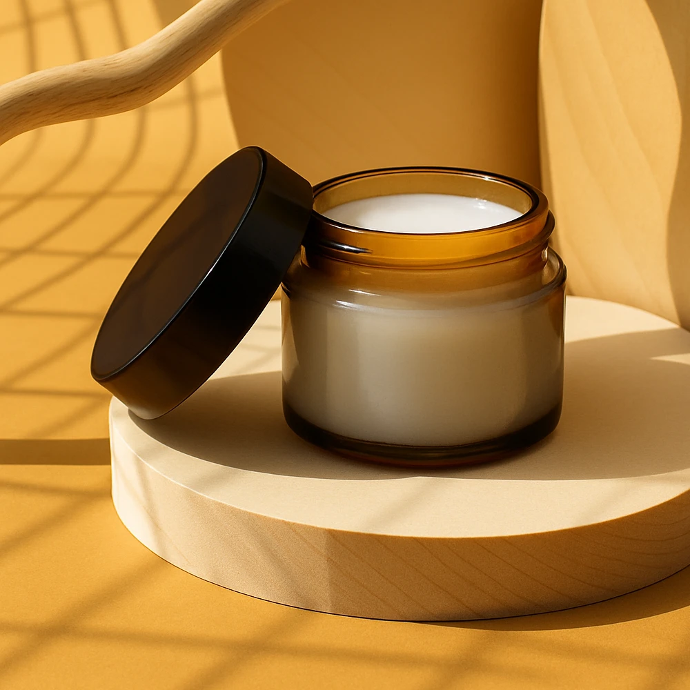 Amber glass jar containing 30 ml of organic castor oil infused with pearl powder, giving the oil a soft milky-white glow. The jar sits elegantly on a wooden pedestal surrounded by scattered pearl powder and loose pearls, evoking purity, beauty, and natural luxury.