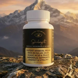 Sacred Shilajit South Africa supplement bottle – potent Himalayan mineral resin rich in fulvic acid, supports energy, resilience, and vitality – 30 capsules.