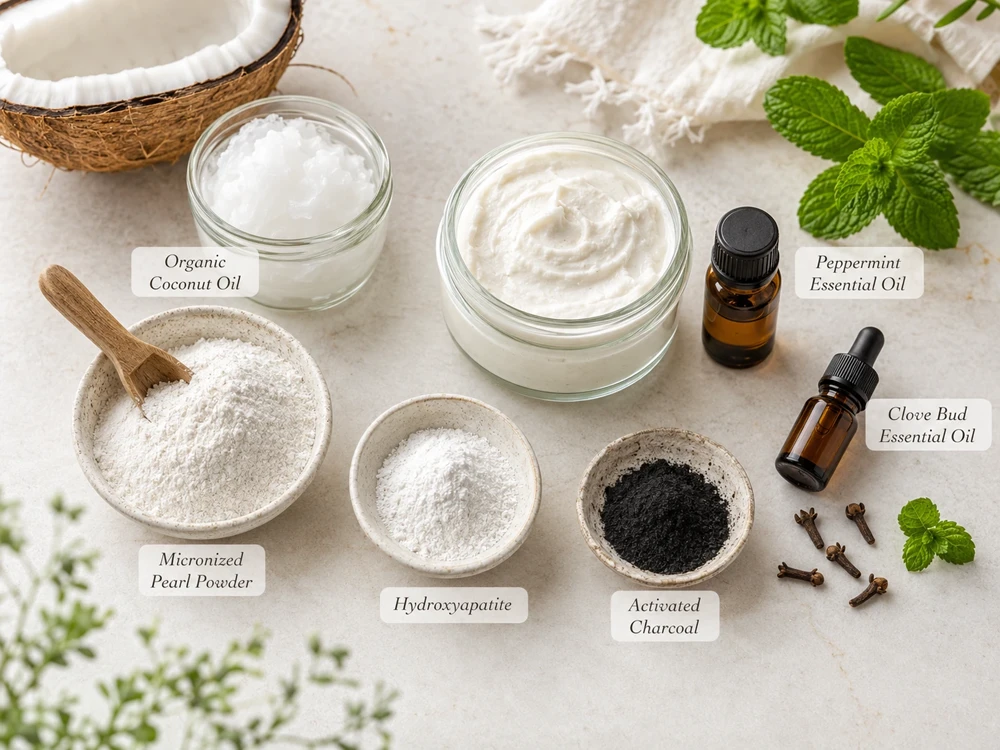 Flat lay of DIY Pearl Powder toothpaste ingredients including organic coconut oil, micronized Pearl Powder, hydroxyapatite, activated charcoal, peppermint essential oil and clove bud essential oil.