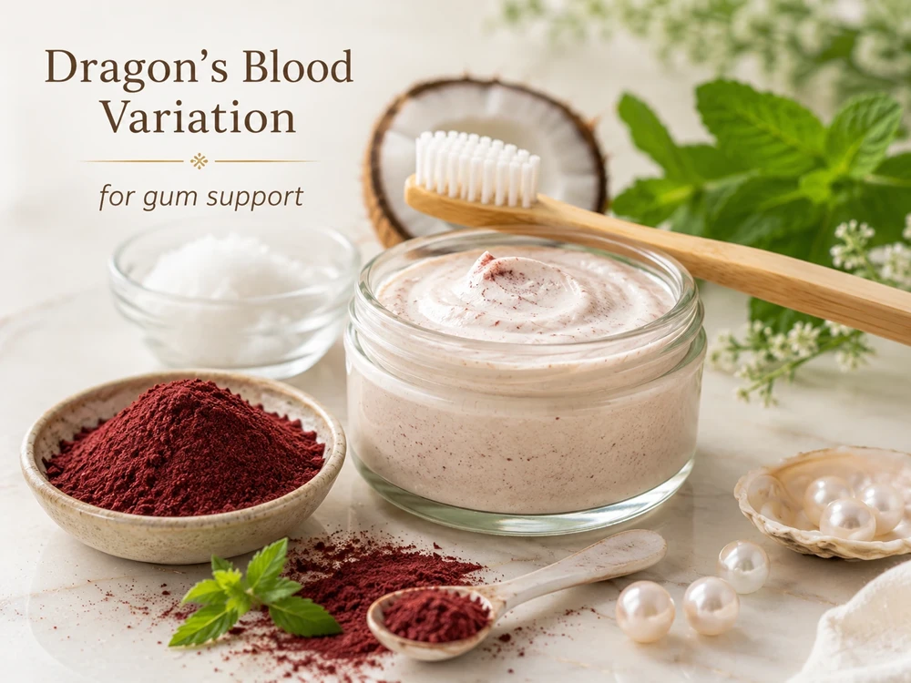 Dragon’s Blood variation of Pearl Powder toothpaste for gum support, shown with Dragon’s Blood powder, coconut oil and a bamboo toothbrush.