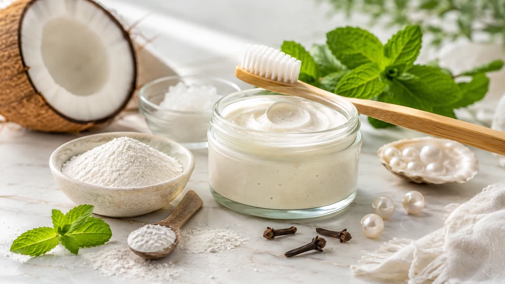 Pearl Powder toothpaste in a glass jar with a bamboo toothbrush, coconut, Pearl Powder, mint leaves and cloves for natural oral care. Pearl Powder for teeth.
