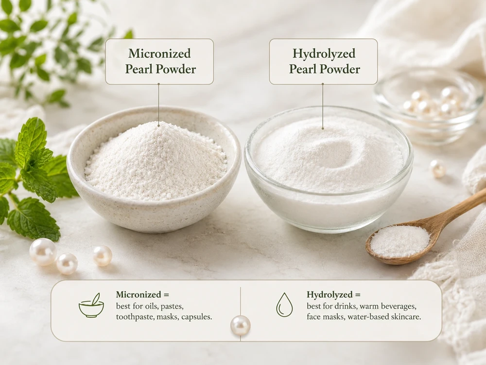 Comparison of micronized Pearl Powder and hydrolyzed Pearl Powder showing their appearance and best uses for toothpaste, oils, drinks and skincare.