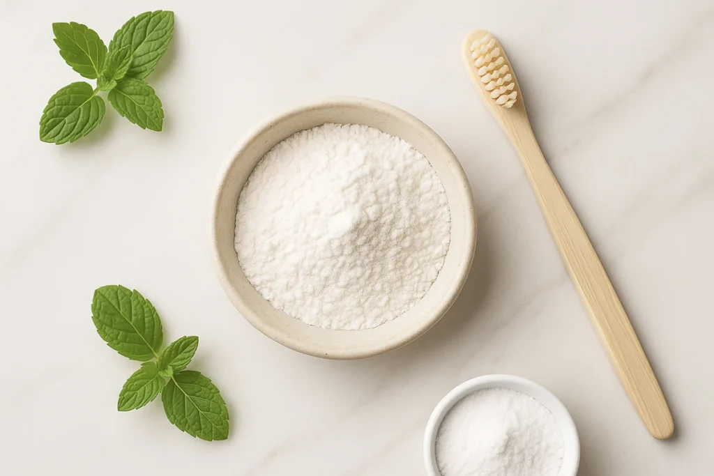 Pearl powder in a bowl with bamboo toothbrush and mint leaves on marble