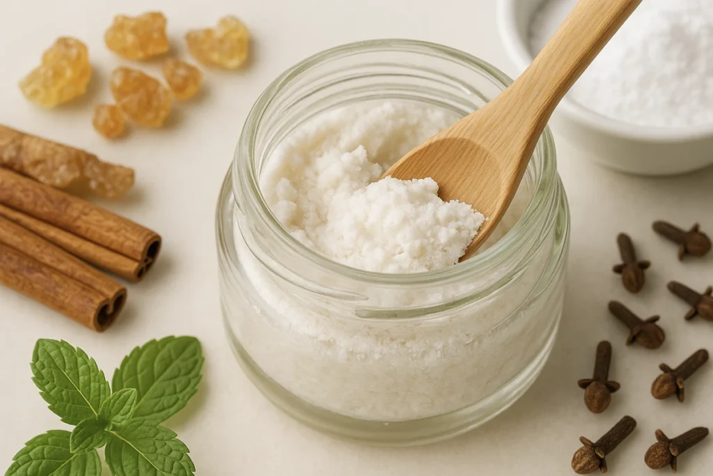 Homemade pearl powder and coconut oil toothpaste in a glass jar with wooden spatula
