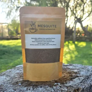 Front view of Mesquite Coffee Alternative 100 g travel-size pack, wild-harvested in the Karoo, caffeine-free superfood coffee alternative.