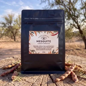 Front view of Mesquite Coffee Alternative 400 g pack, wild-harvested in the Karoo, caffeine-free superfood coffee alternative.