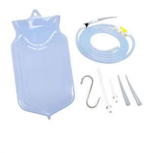 Reusable enema kit with silicone bag, tube, and nozzle displayed on a clean surface, ideal for colon cleansing, gut health, and detox support.