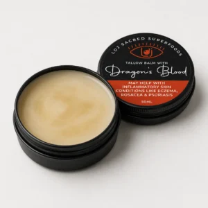 Open tin of Dragon’s Blood Tallow Balm showing natural creamy balm texture