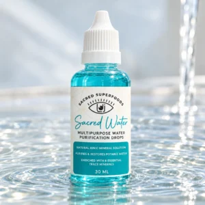 LDJ Sacred Superfoods Sacred Water 30ml multipurpose water purification drops in a turquoise bottle, displayed in clear, gently rippling water.